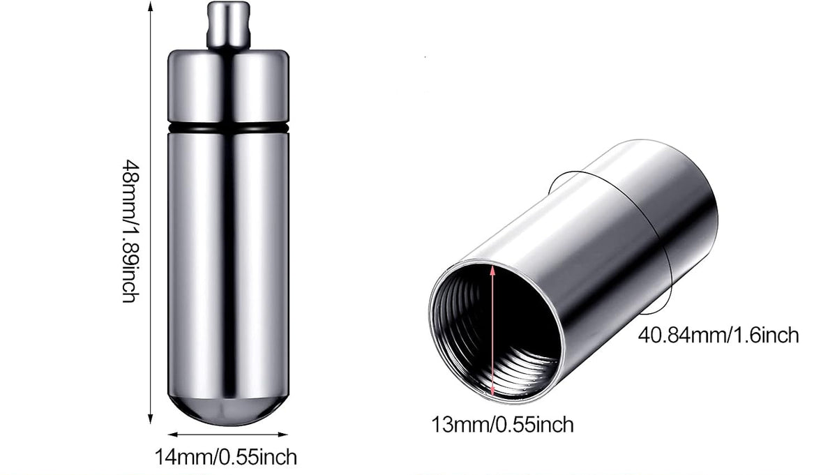 An infographic showing the dimensions of a discreet stash necklace vial to pair with the Sniff & Slide. Product size chart with dimensions against a white background 14mm in diameter and 48mm tall.