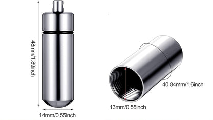 An infographic showing the dimensions of a discreet stash necklace vial to pair with the Sniff & Slide. Product size chart with dimensions against a white background 14mm in diameter and 48mm tall.