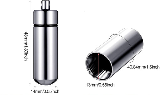An infographic showing the dimensions of a discreet stash necklace vial to pair with the Sniff & Slide. Product size chart with dimensions against a white background 14mm in diameter and 48mm tall.